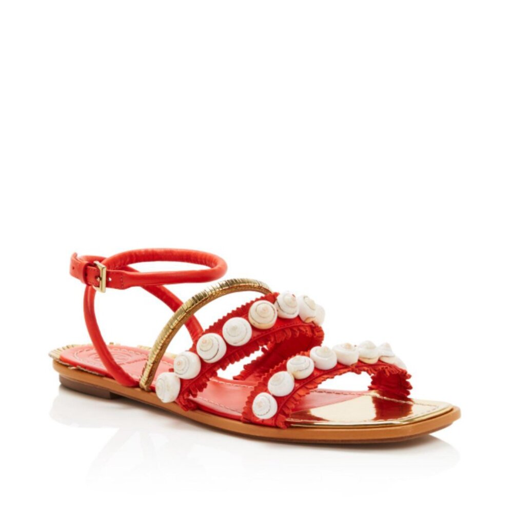 Tory Burch Sinclair Seashell Ankle-Wrap Sandal, Red sz 9.5 Shoes Flat Flip Flops